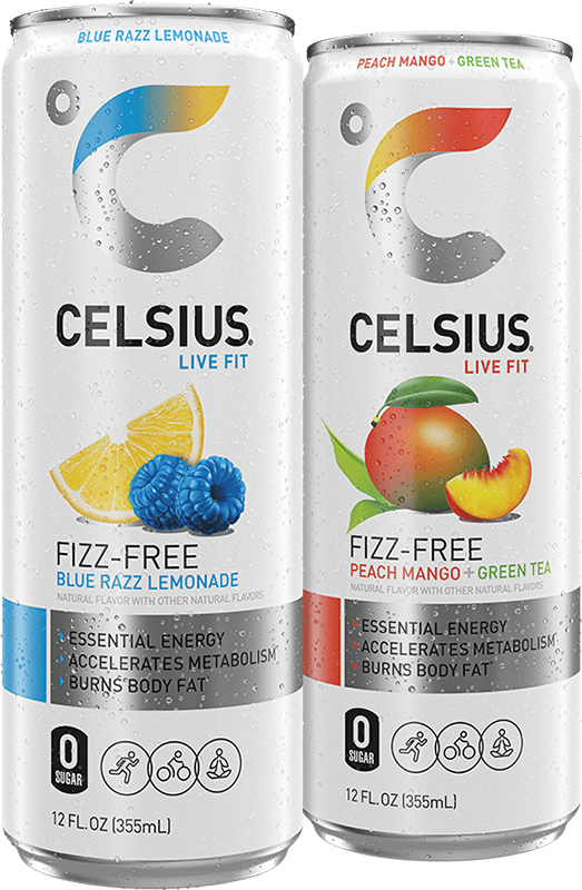 Celsius Fizz-Free, Blue Razz Lemonade, Peach Mango + Green Tea