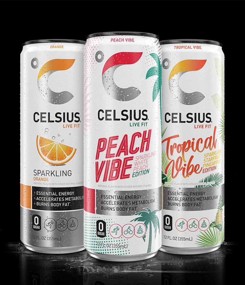 Celsius Orange, Peach Vibe, & Tropical Vibe Cans